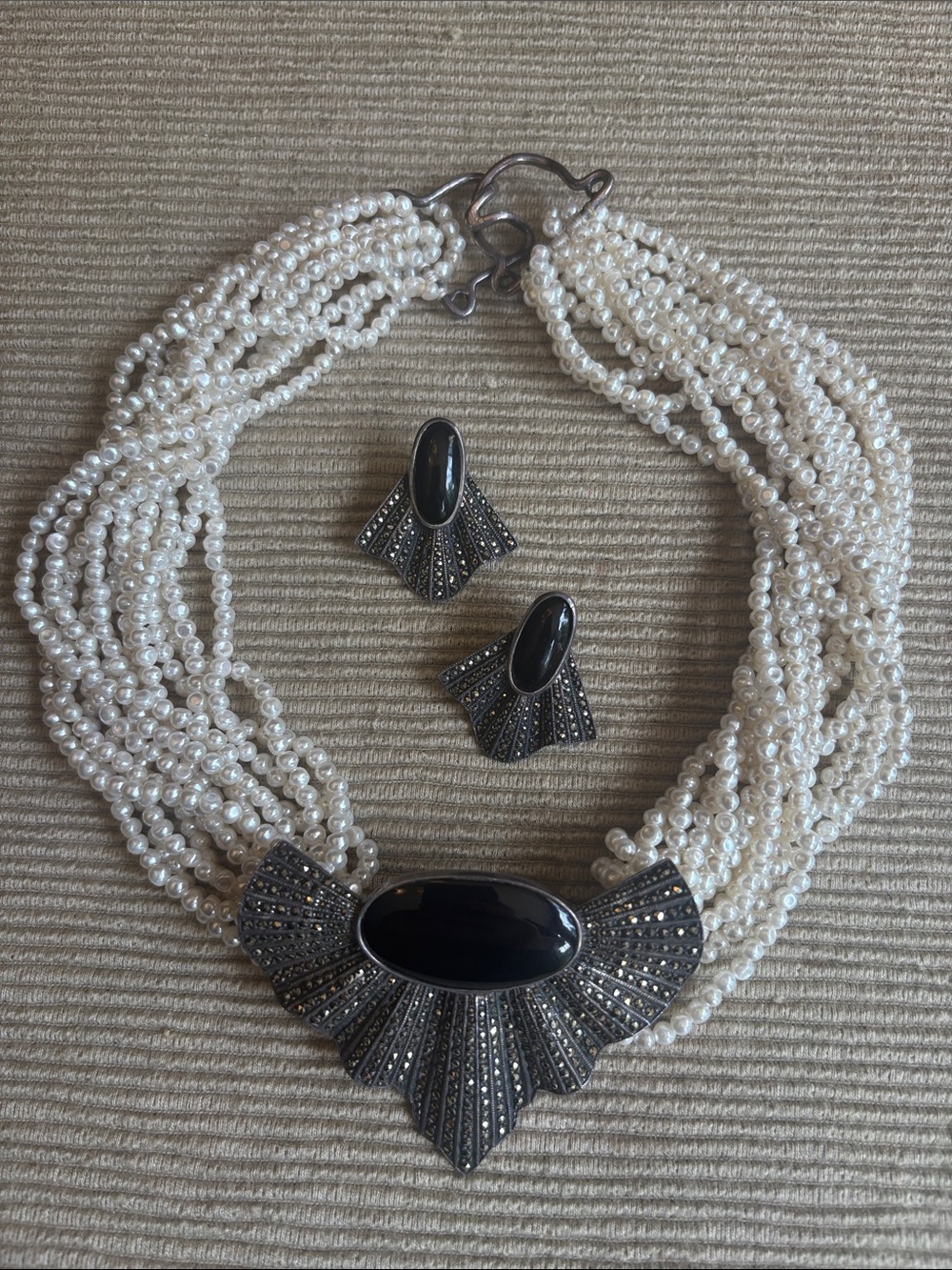 Vintage Multistrand Faux Pearl Necklace With Black Onyx & Marcasite